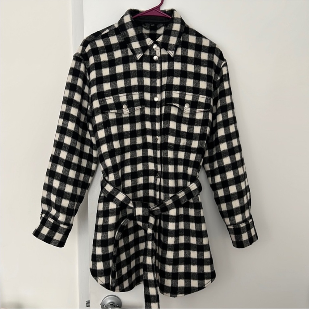 & Other Stories check gingham longline belted shacket  Black and White Plaid